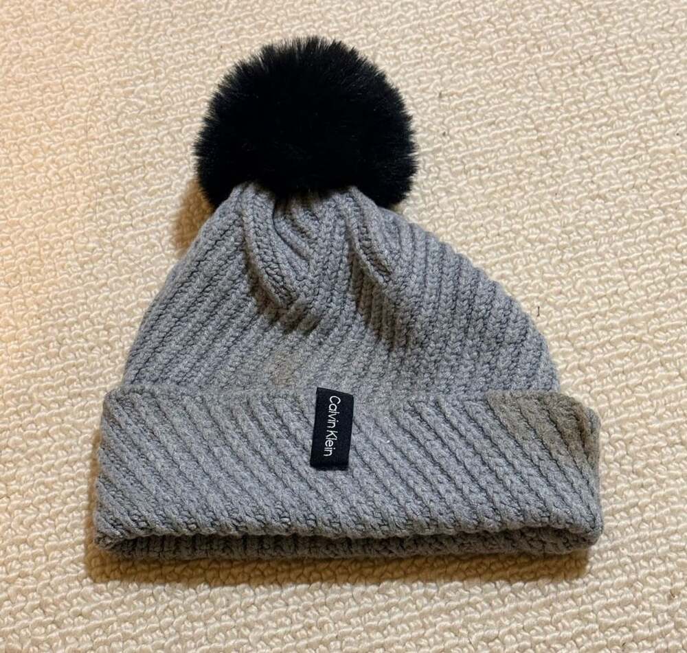 Calvin Klein Grey Ribbed Beanie Hat with Black Faux Fur Pom Pom